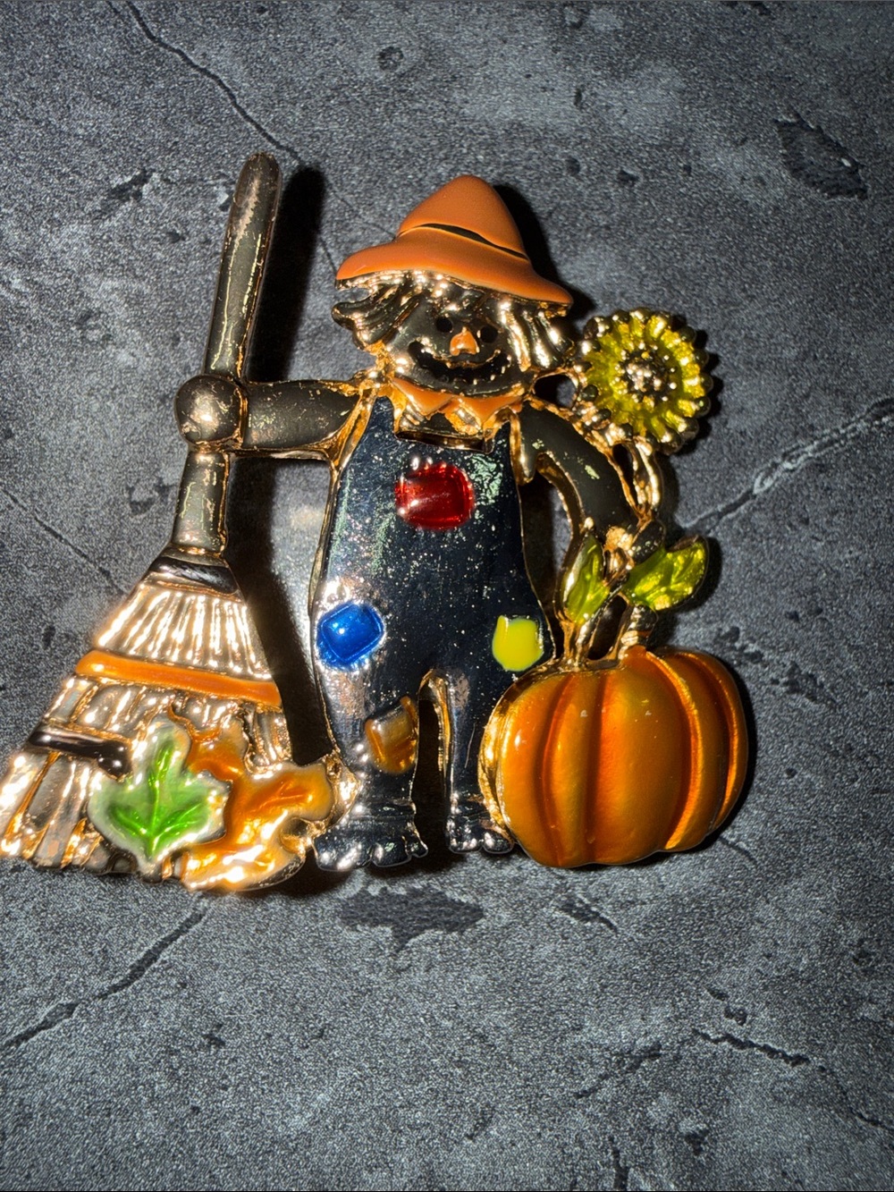 Autumn Scarecrow Orange Pumpkin Brooch - Seasonal Women’s Jewelry